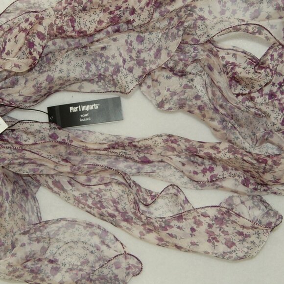 NWT Pier 1 Plum Chiffon Ruffle Floral Scarf - Picture 7 of 8